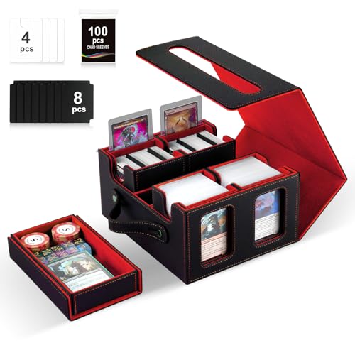 Card Deck Box for MTG with Commander Display, 5 in 1 Card Storage Box Fits 400+ Double-sleeved Cards, 4 Separate Small Cases for TCG/Sports Cards, Dice Tray＆Handle（Black Red） - color: Black/Red
