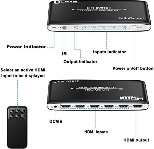 4K 60Hz 5 Port 5 x 1 HDMI Switch with IR Remote Control HDMI 2.0 Switcher Support 18Gbps 4K x 2K 3D HDCP 2.2 HDMI Splitter Hub Port Switches for PS4 Xbox Apple TV Fire Stick Blu-Ray Player - style: 5 In 1 Out