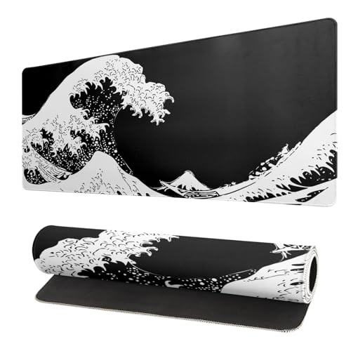Japanese Sea Wave Large Mouse Pad, Abstract Black Gaming Mousepad, Extended Kanagawa Mat Desk Pad, 3mm Thick Long Non-Slip Rubber Base Mice Pad for Office and Home, 31.5x11.8 Inch - color: Sea Wave 2