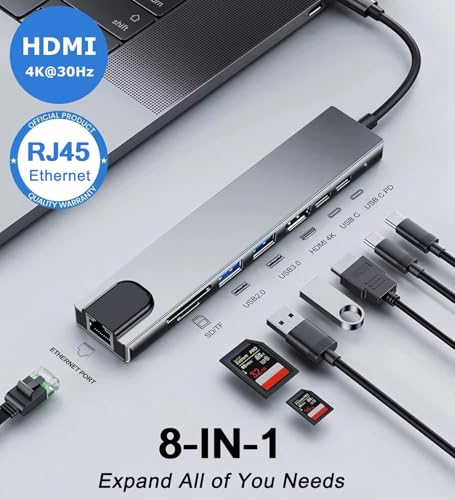 USB C Hub Ethernet HDMI Adapter, 8 in 1 Laptop Docking Station with 4K HDMI, RJ45 Ethernet 100Mbps, SD/TF Card Reader, USB 3.0/2.0, PD 100W, LAN USB C Dongle for MacBook Pro/Air, iPad Pro, XPS, etc