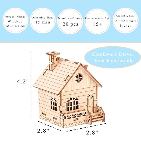 Wind-Up Music Box Log Cabin 3D Wooden Puzzle Building Model Kit | Laser-cut eco wood decor gift for teens & adults 14+, clockwork drive design, mostly glue-free music house assembly craft