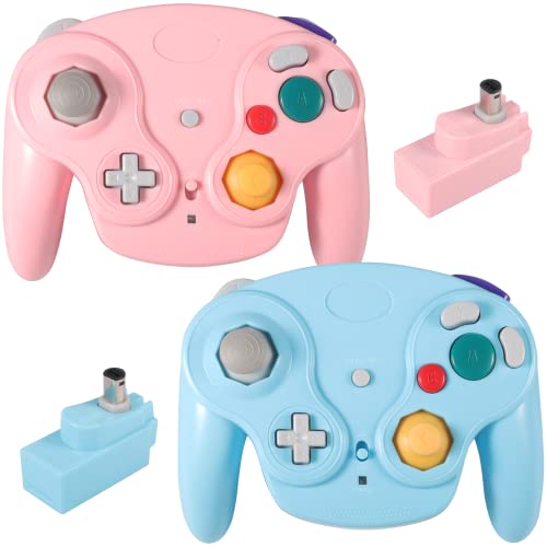 PGYFDAL Wireless Game Cube Controller, 2 Pieces 2.4G Wireless Classic Gamepad with Receiver Adapter for Wii Game Cube NGC GC (Pink and Blue) - color: Pink&Blue