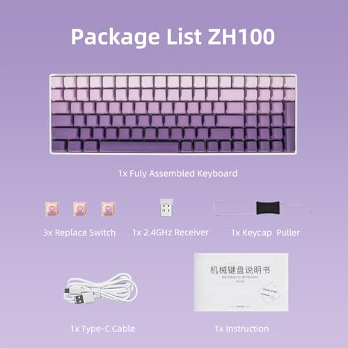 ZORNHER ZH100 Wireless Mechanical Keyboard,98% Purple Creamy Keyboard with Number Pad,Full Size Gaming Keyboard,Lighted Up PBT Dipped Keycaps,Creamy Sounding Linear Switches - color: Purple Gradient, size: Creamy Switch