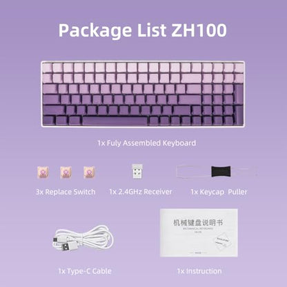 ZORNHER ZH100 Wireless Mechanical Keyboard,98% Purple Creamy Keyboard with Number Pad,Full Size Gaming Keyboard,Lighted Up PBT Dipped Keycaps,Creamy Sounding Linear Switches - color: Purple Gradient, size: Creamy Switch