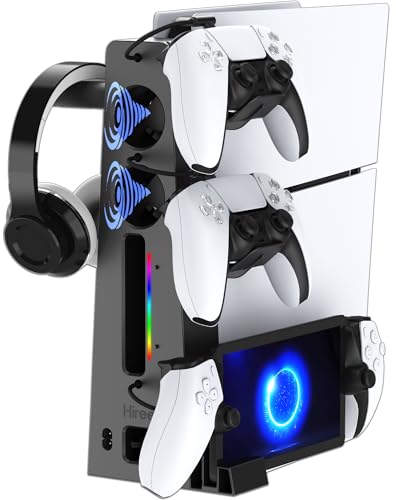PS5 Slim Charging Station with Cooling Fan and Dual Controller Charger, RGB PS5 Slim Stand with Headset Holder & PS Portal Dock, Compatible with PS5 Slim Disc/Digital Console Gaming Accessories
