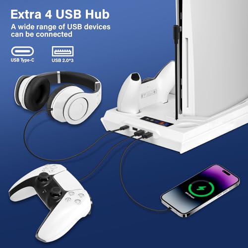 fivtek PS5 Stand with Cooling Fan & Controller Charger, All-in-One Docking Station for PS5 & PS5-Slim, 4-Port USB Hub, Headset Holder, Fast Wireless Charging for 2 Dual Controllers, White - color: White