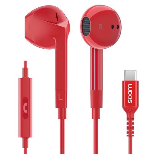 LUDOS FEROX USB C Headphones for iPhone 17 16 15 Pro Max Plus Air iPad Pro, 5 Years Warranty, USB-C Earbuds for Samsung Galaxy S24 S23 Ultra S22 S21 FE S20 Z Flip 3 Fold 4 A53, USB Type C Earphones - color: Red, style: USB-C