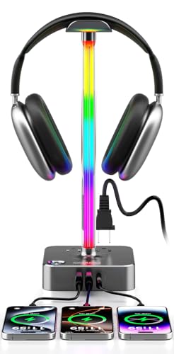 cozoo Gifts for Gamer Men All-in-One RGB Headset Stand & Charging Station | 3 USB Ports, 2 Outlets, Metal Space Gray | Gaming Equipment, Game Room Setup, Christmas Gifts for Him,Teen Boys,Tech Lovers - color: Gray Pro