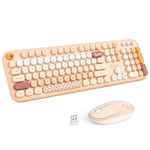 MOFII Wireless Keyboard and Mouse Combo, Full Size 2.4G Plug and Play Typewriter Retro Round Computer Keyboard and Mouse Set for Windows, Computer, Desktop, PC, Notebook - (Milk Tea Colorful) - color: Lovely Milk Tea