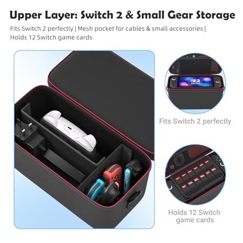 Switch 2 Carrying Case, Large EVA Hard Shell Travel Bag with 12 Game Slots | Compatible with Switch 2 console, dock, Pro Controller and charger; dual-layer storage with handle and shoulder strap