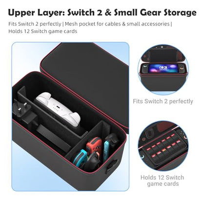 Switch 2 Carrying Case, Large EVA Hard Shell Travel Bag with 12 Game Slots | Compatible with Switch 2 console, dock, Pro Controller and charger; dual-layer storage with handle and shoulder strap