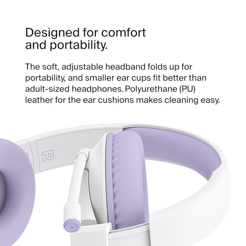 Belkin SoundForm Inspire Bluetooth Kids Headphones, 35H Battery Life | Over-ear wireless headset, built-in mic, 85dB safe volume limit, online learning, travel, iPad, iPhone, Galaxy - color: Lavender, style: Wireless