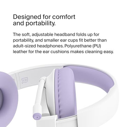 Belkin SoundForm Inspire Bluetooth Kids Headphones, 35H Battery Life | Over-ear wireless headset, built-in mic, 85dB safe volume limit, online learning, travel, iPad, iPhone, Galaxy - color: Lavender, style: Wireless