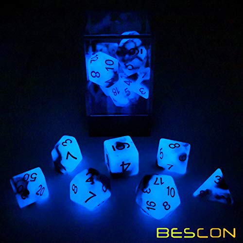 Bescon Two-Tone Glow-in-The-Dark Polyhedral Dice Set Blue Dawn, Luminous RPG Dice Set d4 d6 d8 d10 d12 d20 d% Brick Box Pack - color: Blue Dawn