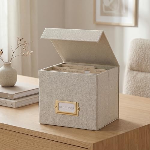 ZICOTO Beautiful Greeting Card Organizer Box With Dividers - Sturdy Linen Storage Box Easily Organizes All Your Greeting Cards in Style - Cute Card Holder Safely Stores Up to 300 Small Or Large Cards - color: Ivory