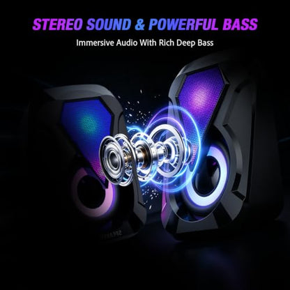 Computer Speakers, Desktop PC Speakers with 6 Colorful RGB Lights, Headphone Jack, Enhanced Bass and Volume Control, USB Powered & 3.5mm Aux Gaming Speakers for Laptop Monitor PC Tablet Phone-1053