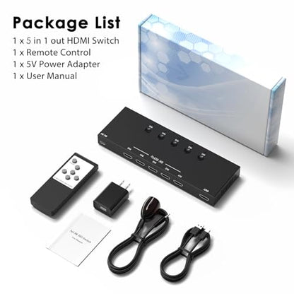 8K@60Hz HDMI 2.1 Switch 5 in 1 Out, 48Gbps Ultra HD 4K 120Hz, HDR10/Dolby Vision, 3D, Supports DTS-HD, Dolby TrueHD Compatible with PS5/4 Xbox Nintendo Switch Roku Apple TV Fire Stick Gaming PC - size: 8K@60Hz 5 in 1 Out HDMI Switch