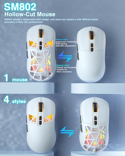 SOLAKAKA SM802 White Wireless Gaming Mouse,10000 DPI,Tri-Mode Wired/BT 5.0/2.4GHz Wireless Mouse Gaming with Side Button,RGB Programmable Macro Mouse for Laptop - color: 1-white, size: SM802