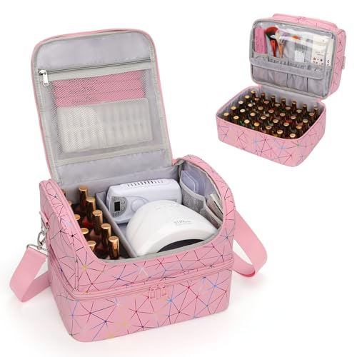 CUBETASTIC Nail Polish Organizer Bag, Double Layer Nail Tech Travel Case Holds 45 Bottles & Full-Size Lamp, Portable Manicure Storage Box for Nail Supplies, Tools & Dip Powder - Pink - color: Triangle Pink, size: 45 Slots