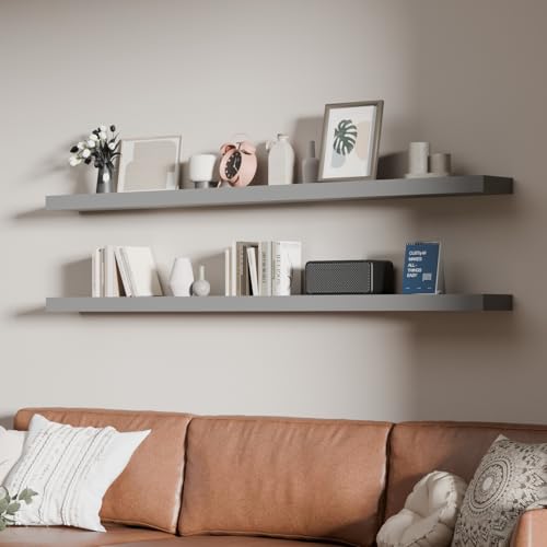 60 inch Long Floating Shelves for Wall,Solid Wood Long Shelves Set of 2,Grey Rustic Wall Mounted Shelves Large Bookshelf (Grey, 60 Inch) - color: Grey, size: 60 Inch set of 2