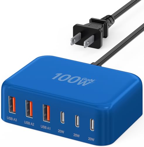 [2026 Updated] USB C Fast Charger, 100W GaN 6 Port Type C Charging Station Hub Block Cube, USB C Wall Charger Power Strip Adapter Plug for iPad iPhone 17 16 15 14 Pro Max Pixel Note Galaxy, 5ft Cord - color: C-Blue, size: 100W