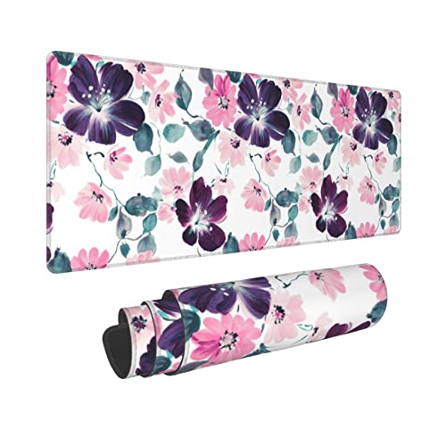 XL Mouse Pad, Cute Flower Large Mouse Pad Gaming, Long Stitched Non-Slip Base Floral Computer Keyboard mat for Women and Girl School Office Decor, (Purple Pink Watercolor, 31.5 * 11.8 in) - color: Watercolor Floral