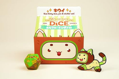 1985 Games Kiwi Kawaii Cat Dice Set – Milk Carton-Inspired Dice for DND | TTRPGs & Tabletop Roleplaying - color: Kiwi