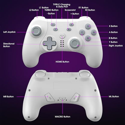 Saitake Wireless Switch Controller for Nintendo Switch/Switch 2/Lite/OLED/PC,Gamepad Supports Dual Vibration/6-Axis Gyroscope/Programmable/Turbo,Ergonomically Designed Precise Joystick (White) - color: White