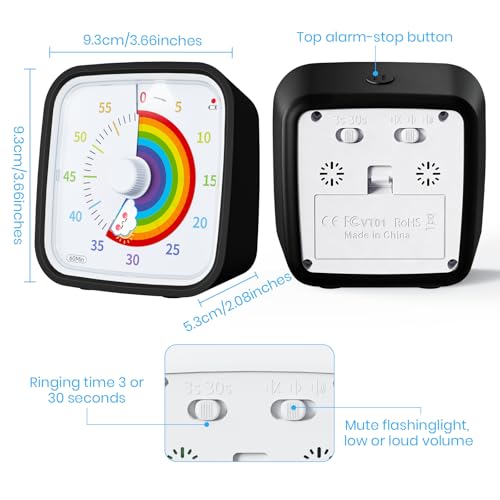 Rainbow Visual Timer for Kids, 60-min Countdown Timer, Black | Protective Case, No Ticking, Mute and Ringing Alarm Available, Time Management Tool, Low Power Reminder, for Study,Game,Work - color: Black Rainbow