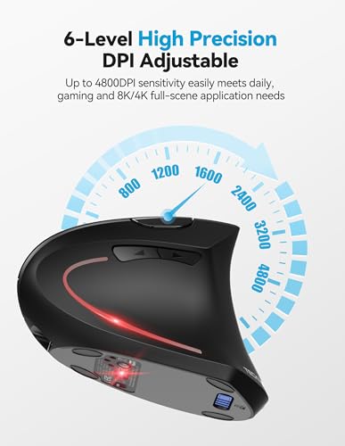TECKNET Ergonomic Mouse with Jiggler, Bluetooth Wireless Vertical Mouse, 4800DPI Rechargeable Carpal Tunnel Mouse, Undetectable Random Movement Keeps Computers Awake for PC, Laptop, Mackbook | Built-in Jiggler Mover, Bluetooth+2.4G, Wireless Moving Mouse,