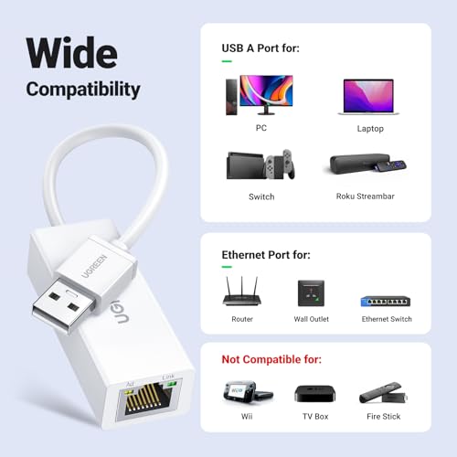 UGREEN USB to Ethemet Adapter, 10/100Mbps Network Adapter, with AX88772D Chip RJ45 Wired LAN Dongle for Laptop, Compatible with Nintendo Switch MacBook ChromeBook Windows macOS Linux (Not for Wii) - color: White