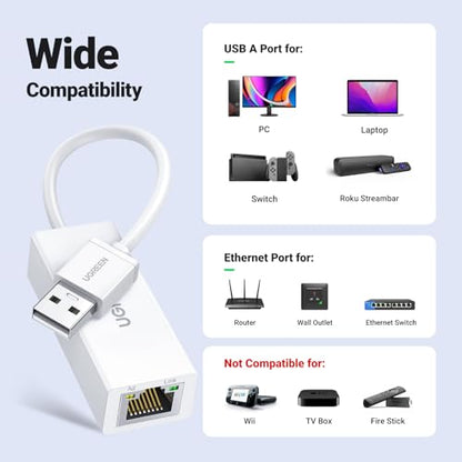 UGREEN USB to Ethemet Adapter, 10/100Mbps Network Adapter, with AX88772D Chip RJ45 Wired LAN Dongle for Laptop, Compatible with Nintendo Switch MacBook ChromeBook Windows macOS Linux (Not for Wii) - color: White