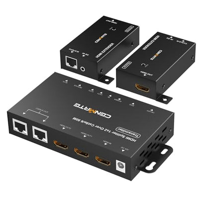 CENMATE 1x2 HDMI Extender Splitter, 1080P@60Hz HDMI Over Ethernet, Up to 165 FT Transmission Over CAT5e/6/7, 2 Channel Transmission with 2 Loop Out, Supports IR Control, 3D, HDCP, EDID, POC - size: 1×2