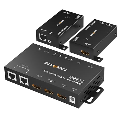 CENMATE 1x2 HDMI Extender Splitter, 1080P@60Hz HDMI Over Ethernet, Up to 165 FT Transmission Over CAT5e/6/7, 2 Channel Transmission with 2 Loop Out, Supports IR Control, 3D, HDCP, EDID, POC - size: 1×2