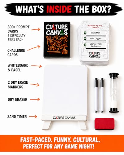 CP TIME Culture Canvas Drawing Party Game Celebrating Black Culture, 300+ Cards, 7 Categories, with Whiteboard, Markers, and Sand Timer, for Ages 8 and up