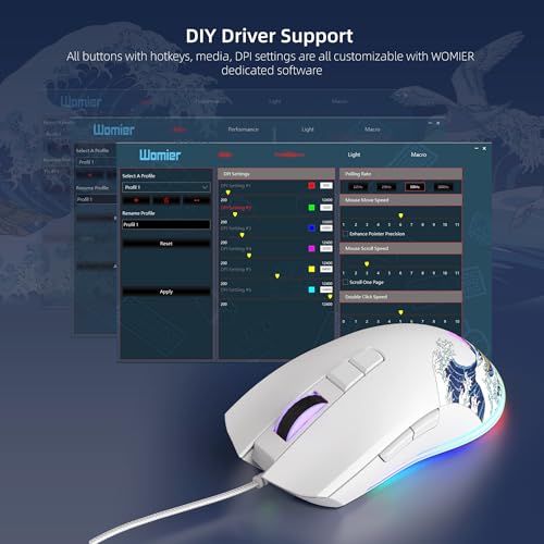 Womier Wired Gaming Mouse, 12400 DPI RGB Mouse with RGB Backlit | 7 Macro Buttons PC Gaming Mice Support DIY Keybinding, Gamer Computer Mice for Laptop PC Mac Windows(G705 Kanagawa) - color: White