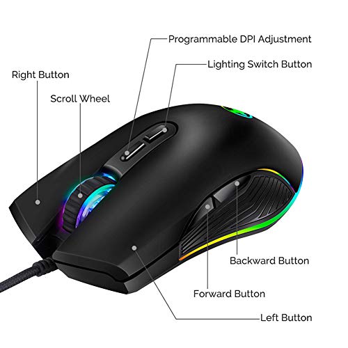 FIRSTMEMORY USB C Ergonomic Wired RGB Gaming Mouse - Optical with Adjustable DPI 800/1600/2400/3200 - Compatible with Notebook, PC, Laptop, MacBook and All Type-C Devices (Black)