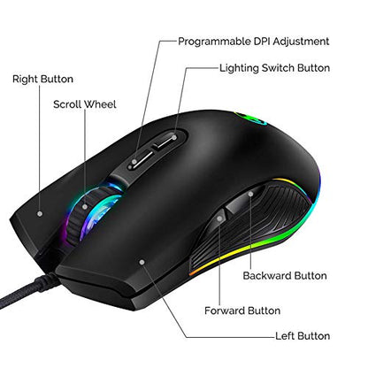 FIRSTMEMORY USB C Ergonomic Wired RGB Gaming Mouse - Optical with Adjustable DPI 800/1600/2400/3200 - Compatible with Notebook, PC, Laptop, MacBook and All Type-C Devices (Black)