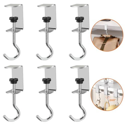6 Pcs Adjustable Table Hooks for Hanging Bags, Heavy Duty Metal Backpack Hooks for Desk