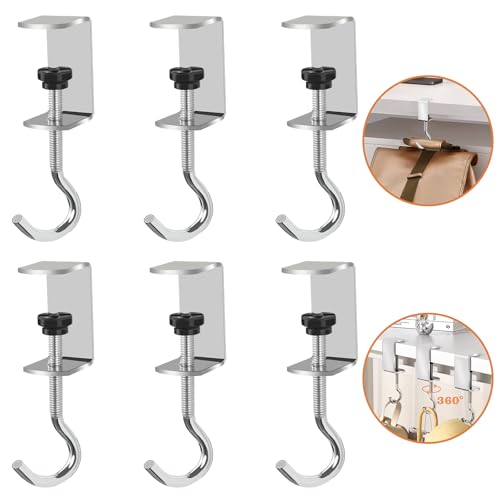 6 Pcs Adjustable Table Hooks for Hanging Bags, Heavy Duty Metal Backpack Hooks for Desk