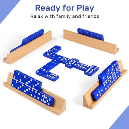 Dominoes Set for Adults with 4 Wooden Racks/Trays, Double Six Travel Portable Case 6 Tiles Holders, 28 Dominos Family Board Games - Blue - color: Blue