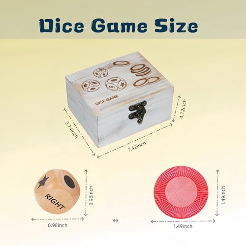 Left Right Roll Dice Game Set - 3 Wood Dice & 72 Plastic Chips | Wooden Box, Portable Travel Party Game, For Family, Friends, Adults - White - color: White