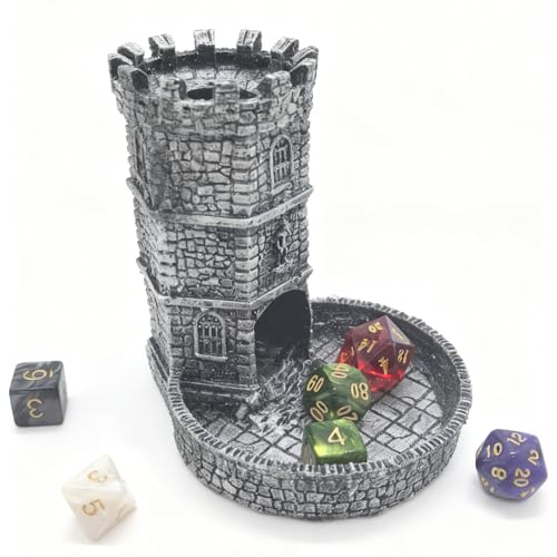 Tower Castle Retro DND Dice Rolling Tower Dice Tower Dungeons and Dragons Dice Jail D&D Accessories (Random 7PCS D20 Dice Set Included) Silver