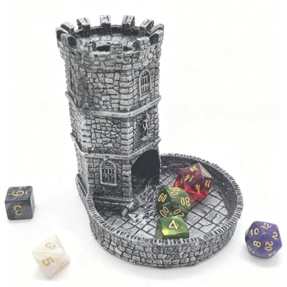 Tower Castle Retro DND Dice Rolling Tower Dice Tower Dungeons and Dragons Dice Jail D&D Accessories (Random 7PCS D20 Dice Set Included) Silver