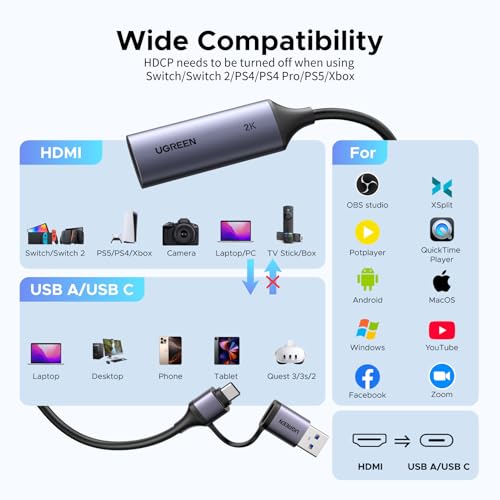 UGREEN 2K@30Hz 1080P 60FPS Video Capture Card 4K Input HDMI to USB 3.0 | 4K HDMI Input, Low Latency, Capture Card for Streaming Game Recording Compatible with Switch 2 Xbox PS4 PS5 PC Camera Usb C