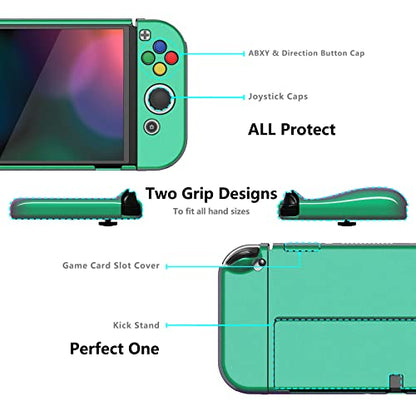 PlayVital AlterGrips Protective Slim Case for Nintendo Switch OLED, Ergonomic Grip Cover for Joycon, Dockable Hard Shell for Switch OLED w/Thumb Grip Caps & Button Caps - color: Glossy Chameleon Green Purple