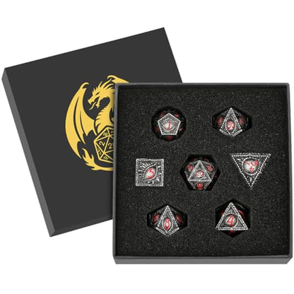 Metal Dice Set, Dragon Eye Theme, 7pcs Polyhedral Metal DND Dice Set, DND Starter Set, D&D Gifts with Gift Box, Role Playing Board Games Accessories, Red Black Silver - color: Red Black Silver With Gift Box