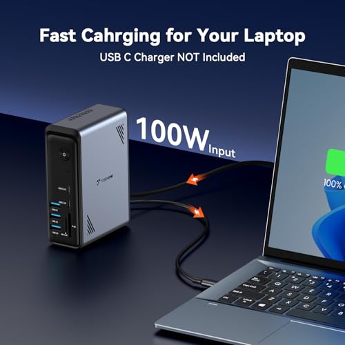 TobenONE 18 in 1 Laptop Docking Station 3 Monitors,Triple 4K HDMI,9 USB C/A | Docking Station with 3HDMI,Ethernet,PD 3.0,Fits Triple Monitor Office Work,for Windows/Dell/Lenovo Laptops (No Power Adapter)
