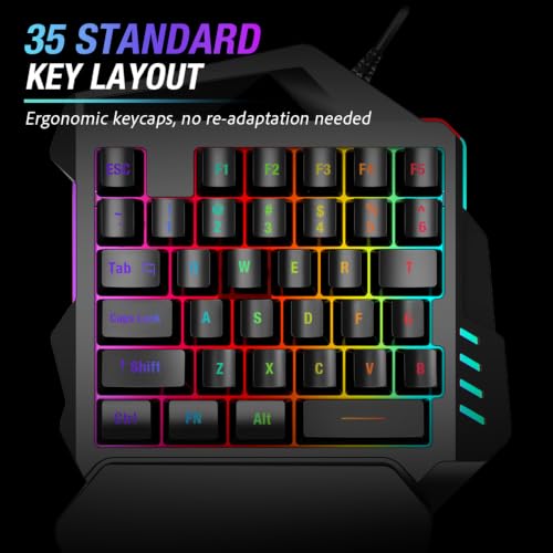 One Hand RGB Gaming Keyboard, Single Hand Keyboard with Wrist Rest, 35 Keys Portable Mini Half Gaming Keypad Mechanical Feeling Ergonomic Game Controller for PC Gamer
