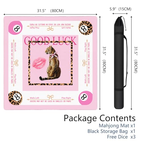 Pink Luck Mahjong Mat for Table, 31.5 * 31.5in Anti Slip Mahjong Table Cloth, Noise Reduction, Neoprene Mah jongg Mat with Carrying Bag & 3 Dices, Poker Board Tile Games Mats, Cheetah - color: Cheetah01
